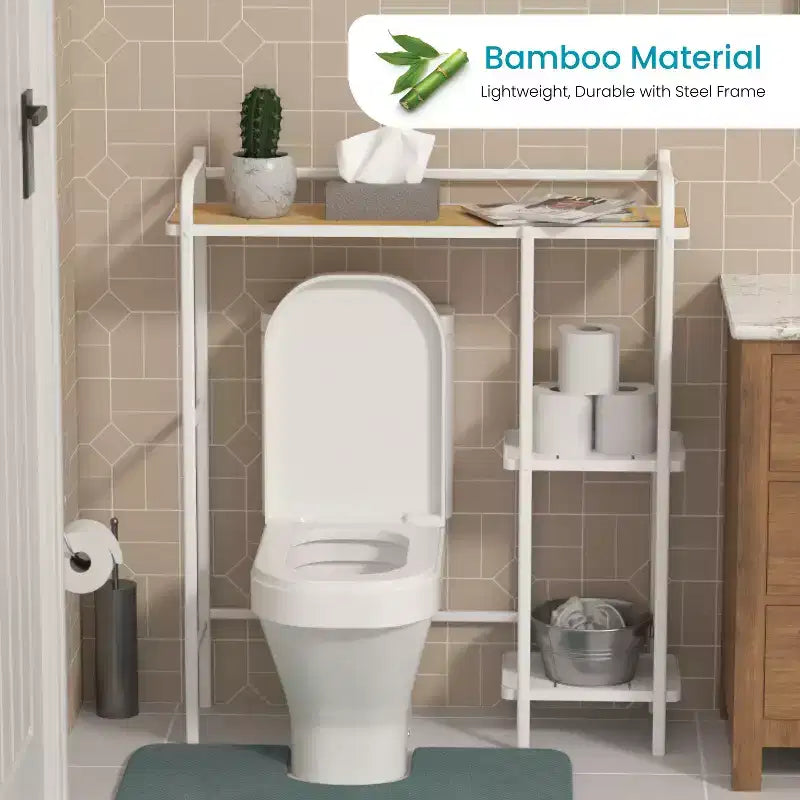 Home Zone Living Scaffale da Bagno Salvaspazio da Appoggio a 3 Ripiani Sopra il WC con Piano d'Appoggio in Bambù e Struttura in Acciaio, Finitura Bianca