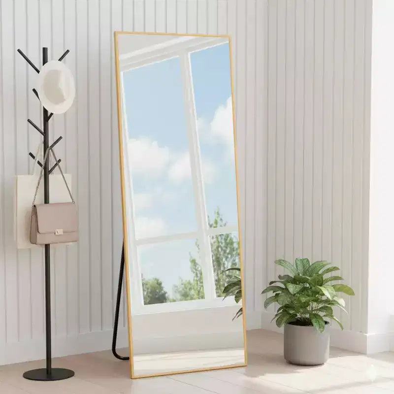 MAYEERTY Specchio intero in alluminio 57x20 pollici, oro, angolare, vetro temperato, con supporto