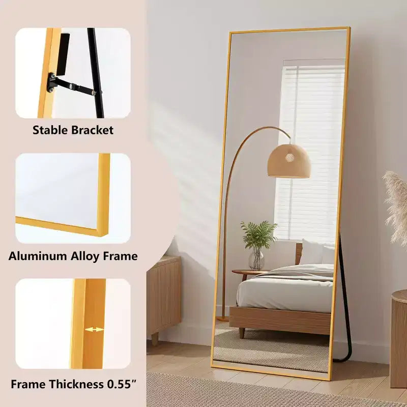 MAYEERTY Specchio intero in alluminio 57x20 pollici, oro, angolare, vetro temperato, con supporto