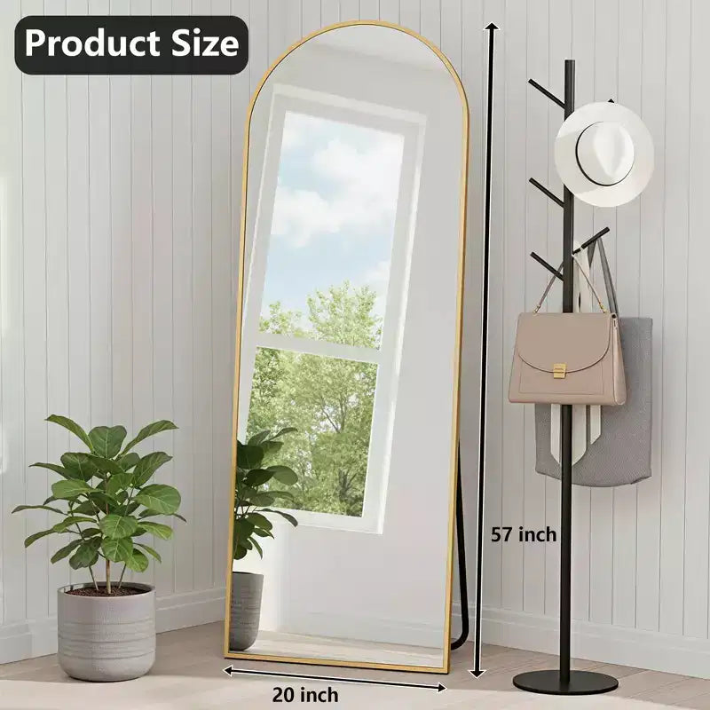 Specchio intero MAYEERTY in alluminio 57x20in, oro, forma ad arco, vetro temperato, con supporto