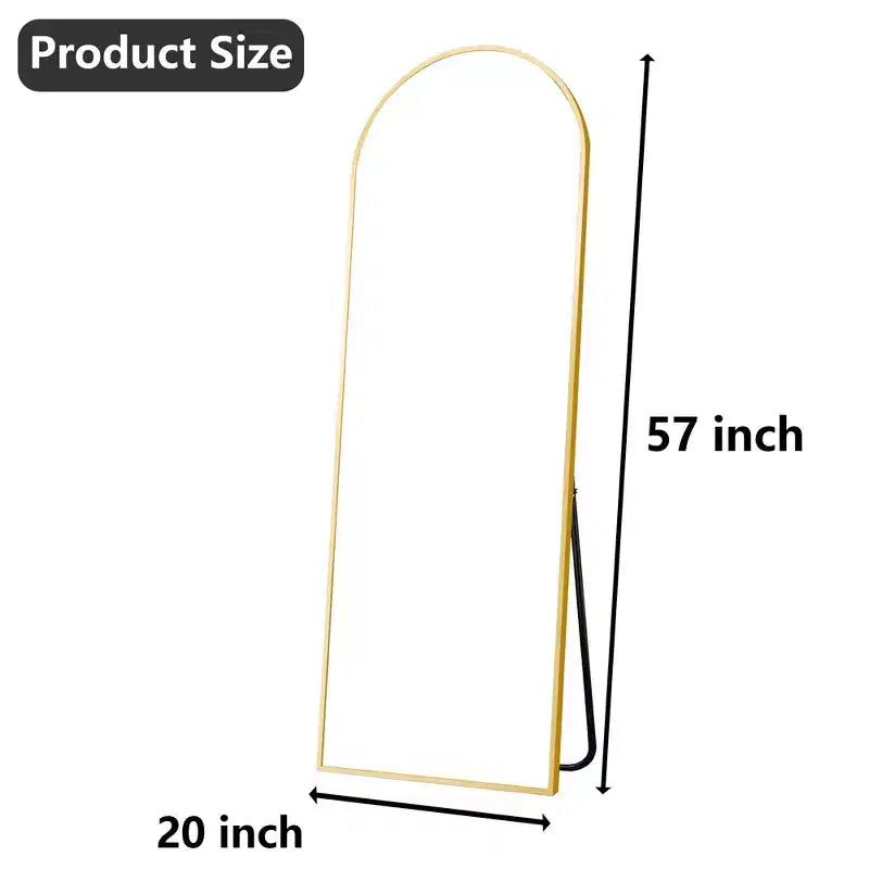 Specchio intero MAYEERTY in alluminio 57x20in, oro, forma ad arco, vetro temperato, con supporto