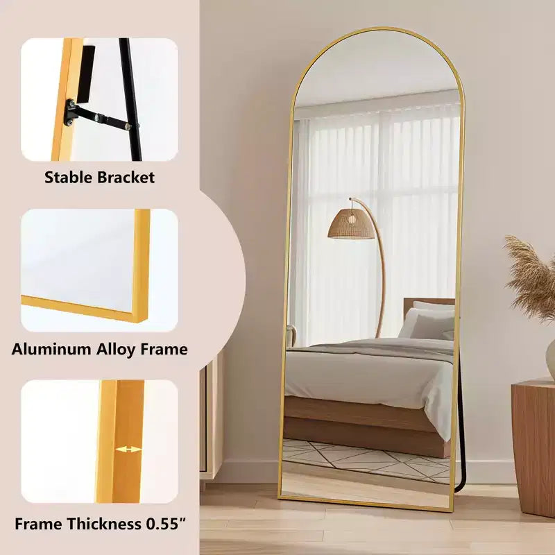 Specchio intero MAYEERTY in alluminio 57x20in, oro, forma ad arco, vetro temperato, con supporto