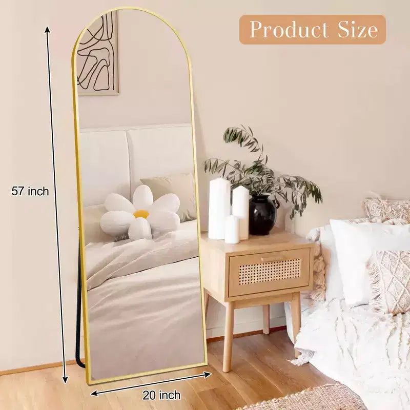 Specchio intero MAYEERTY in alluminio 57x20in, oro, forma ad arco, vetro temperato, con supporto