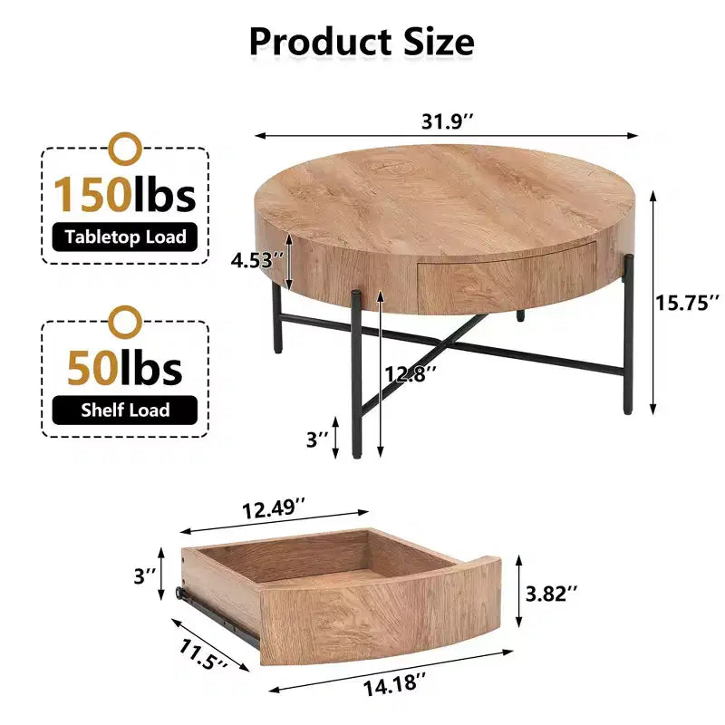 Tavolino rotondo con cassetti Tavolino da caffè rustico con contenitore Tavolino da centro in legno naturale per soggiorno