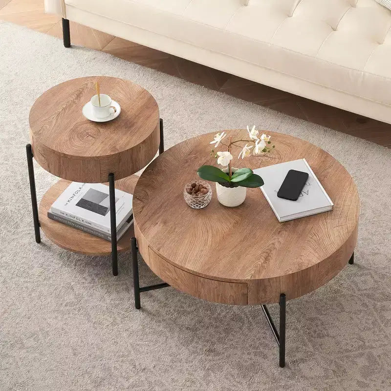 Tavolino rotondo con cassetti Tavolino da caffè rustico con contenitore Tavolino da centro in legno naturale per soggiorno