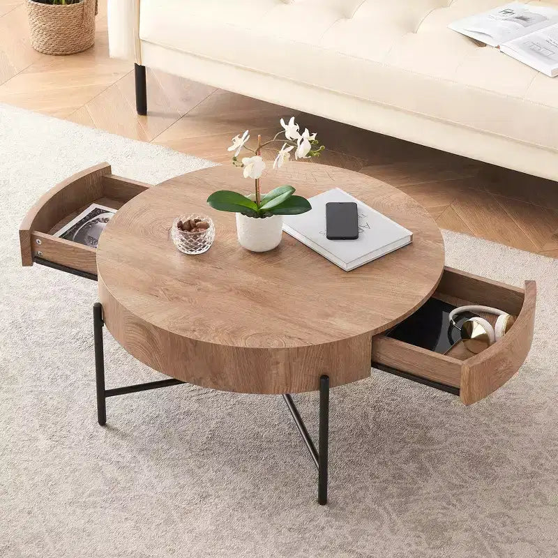 Tavolino rotondo con cassetti Tavolino da caffè rustico con contenitore Tavolino da centro in legno naturale per soggiorno