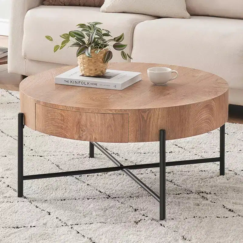 Tavolino rotondo con cassetti Tavolino da caffè rustico con contenitore Tavolino da centro in legno naturale per soggiorno