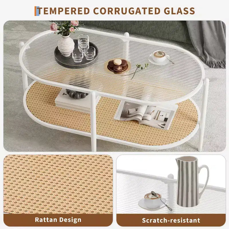 Tavolino da caffè, doppio strato in rattan con piano in vetro temperato, vetro a effetto increspato, stile bohémien, adatto per soggiorno, ufficio e arredamento domestico.