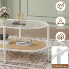 Tavolino da caffè, doppio strato in rattan con piano in vetro temperato, vetro a effetto increspato, stile bohémien, adatto per soggiorno, ufficio e arredamento domestico.