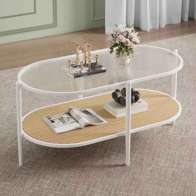 Tavolino da caffè, doppio strato in rattan con piano in vetro temperato, vetro a effetto increspato, stile bohémien, adatto per soggiorno, ufficio e arredamento domestico.