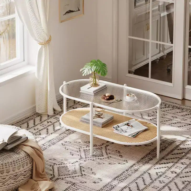 Tavolino da caffè, doppio strato in rattan con piano in vetro temperato, vetro a effetto increspato, stile bohémien, adatto per soggiorno, ufficio e arredamento domestico.