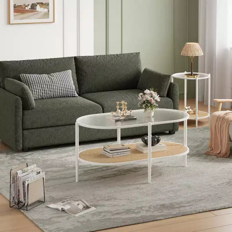 Tavolino da caffè, doppio strato in rattan con piano in vetro temperato, vetro a effetto increspato, stile bohémien, adatto per soggiorno, ufficio e arredamento domestico.