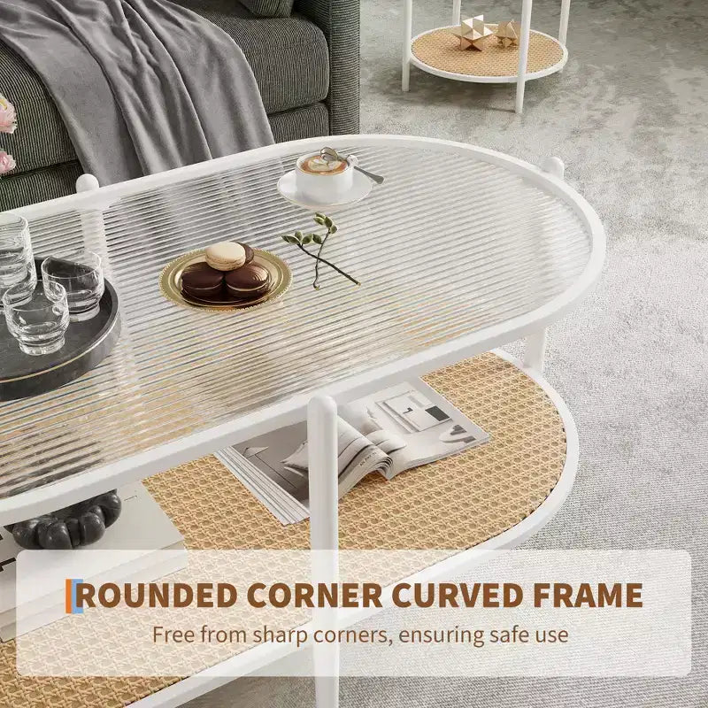 Tavolino da caffè, doppio strato in rattan con piano in vetro temperato, vetro a effetto increspato, stile bohémien, adatto per soggiorno, ufficio e arredamento domestico.