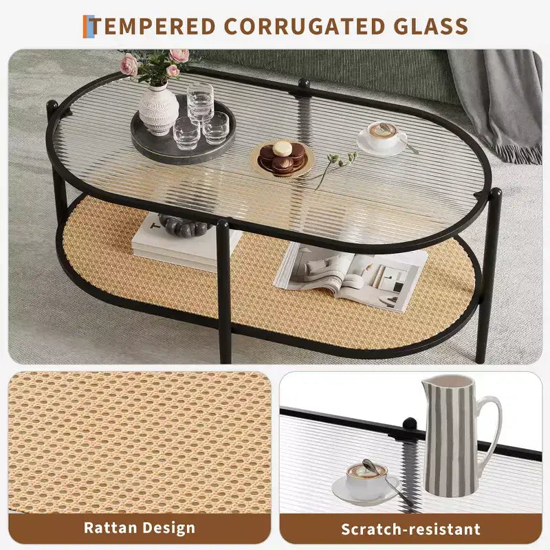 Tavolino da caffè, doppio strato in rattan con piano in vetro temperato, vetro a effetto increspato, stile bohémien, adatto per soggiorno, ufficio e arredamento domestico.