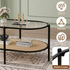 Tavolino da caffè, doppio strato in rattan con piano in vetro temperato, vetro a effetto increspato, stile bohémien, adatto per soggiorno, ufficio e arredamento domestico.