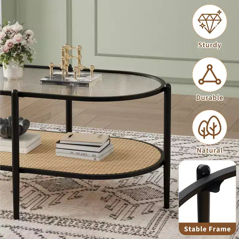 Tavolino da caffè, doppio strato in rattan con piano in vetro temperato, vetro a effetto increspato, stile bohémien, adatto per soggiorno, ufficio e arredamento domestico.