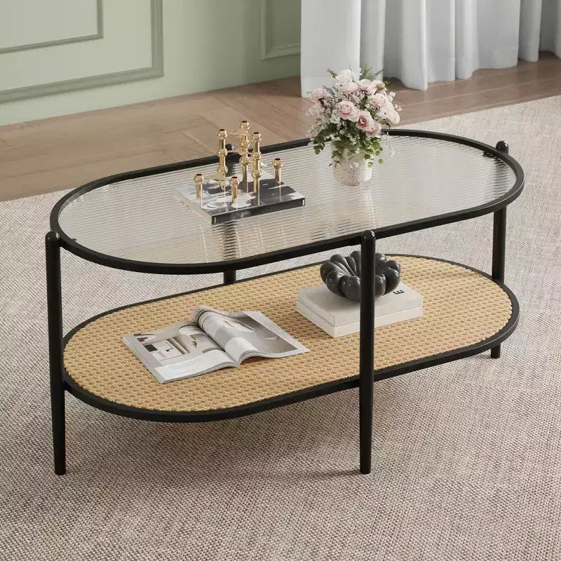 Tavolino da caffè, doppio strato in rattan con piano in vetro temperato, vetro a effetto increspato, stile bohémien, adatto per soggiorno, ufficio e arredamento domestico.