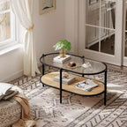 Tavolino da caffè, doppio strato in rattan con piano in vetro temperato, vetro a effetto increspato, stile bohémien, adatto per soggiorno, ufficio e arredamento domestico.