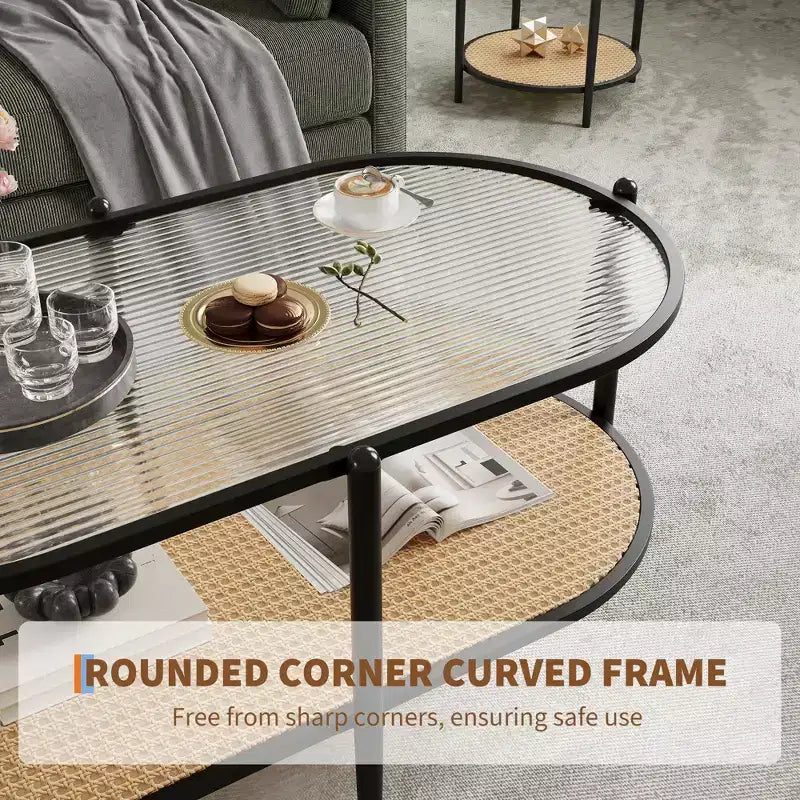 Tavolino da caffè, doppio strato in rattan con piano in vetro temperato, vetro a effetto increspato, stile bohémien, adatto per soggiorno, ufficio e arredamento domestico.