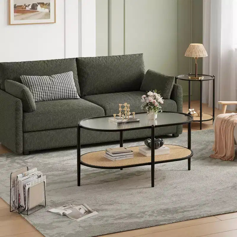 Tavolino da caffè, doppio strato in rattan con piano in vetro temperato, vetro a effetto increspato, stile bohémien, adatto per soggiorno, ufficio e arredamento domestico.