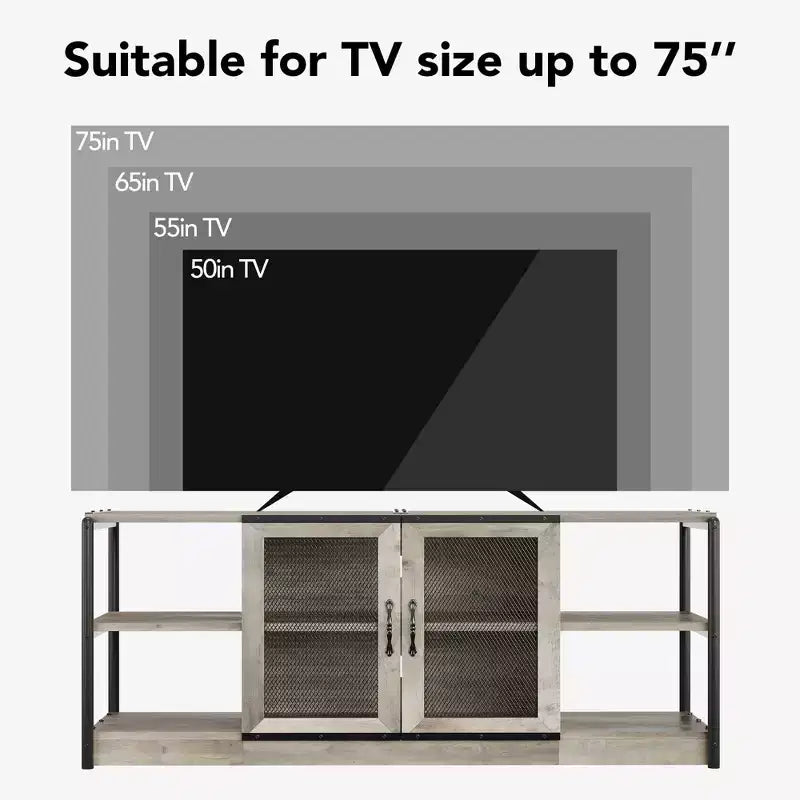 Mobile TV, adatto per televisori da 65 pollici in su, con ante e ripiani in rete, stile rustico, funzione contenitore, mobile da soggiorno.
