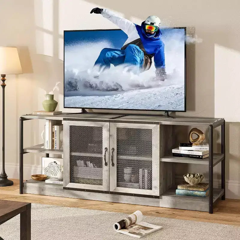 Mobile TV, adatto per televisori da 65 pollici in su, con ante e ripiani in rete, stile rustico, funzione contenitore, mobile da soggiorno.