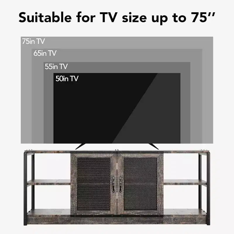 Mobile TV, adatto per televisori da 65 pollici in su, con ante e ripiani in rete, stile rustico, funzione contenitore, mobile da soggiorno.