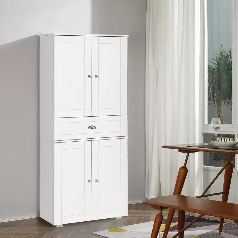 HOMCOM Dispensa da Cucina Autoportante da 183 cm con 2 Armadi a Doppia Anta e 1 Cassetto Centrale, Bianca