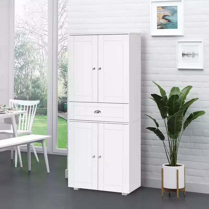 HOMCOM Dispensa da Cucina Autoportante da 183 cm con 2 Armadi a Doppia Anta e 1 Cassetto Centrale, Bianca