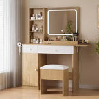 Vanity Table with LED Lights & Charging Station  Makeup Table with Mirror, Drawers, Storage Stool & Power Outlets