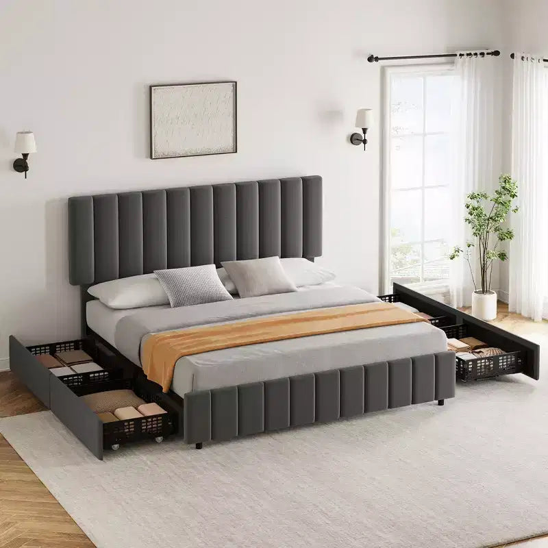 Struttura letto, Letto contenitore con piattaforma, 4 cassetti, Testiera regolabile, Doghe in legno, Silenzioso, Nessuna molla necessaria, Facile montaggio