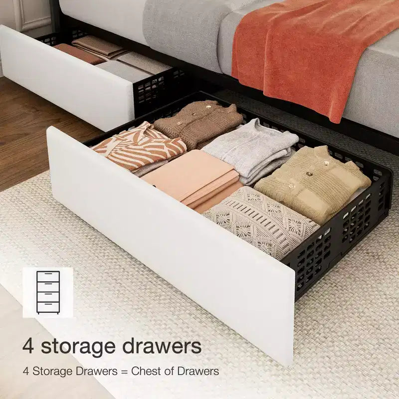 Struttura letto, Letto contenitore con piattaforma, 4 cassetti, Testiera regolabile, Doghe in legno, Silenzioso, Nessuna molla necessaria, Facile montaggio
