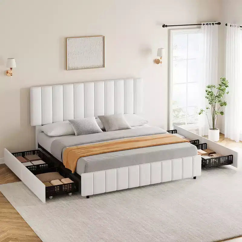 Struttura letto, Letto contenitore con piattaforma, 4 cassetti, Testiera regolabile, Doghe in legno, Silenzioso, Nessuna molla necessaria, Facile montaggio