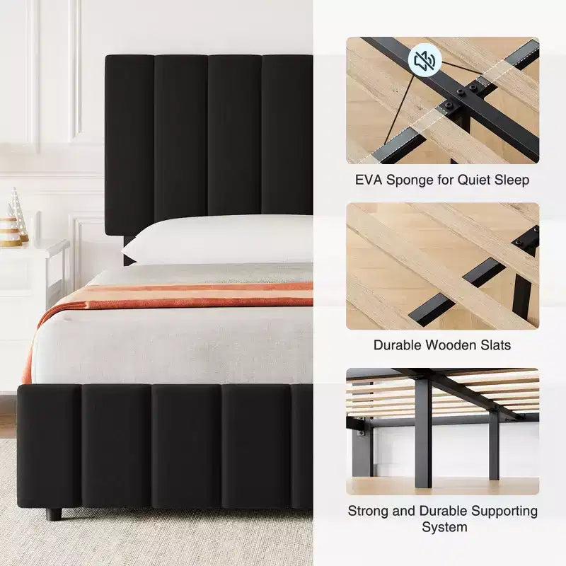 Struttura letto, Letto contenitore con piattaforma, 4 cassetti, Testiera regolabile, Doghe in legno, Silenzioso, Nessuna molla necessaria, Facile montaggio