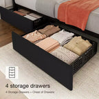 Struttura letto, Letto contenitore con piattaforma, 4 cassetti, Testiera regolabile, Doghe in legno, Silenzioso, Nessuna molla necessaria, Facile montaggio