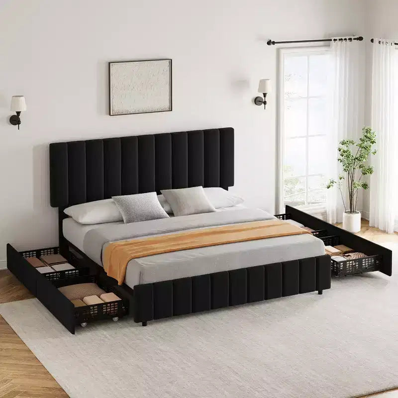 Struttura letto, Letto contenitore con piattaforma, 4 cassetti, Testiera regolabile, Doghe in legno, Silenzioso, Nessuna molla necessaria, Facile montaggio