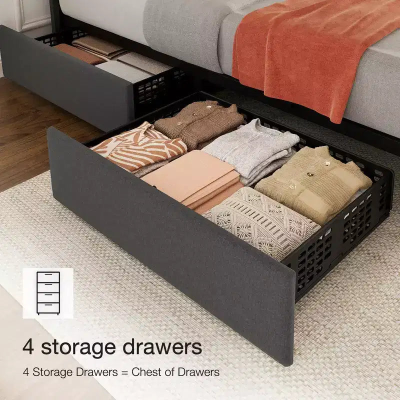 Struttura letto, Letto contenitore con piattaforma, 4 cassetti, Testiera regolabile, Doghe in legno, Silenzioso, Nessuna molla necessaria, Facile montaggio