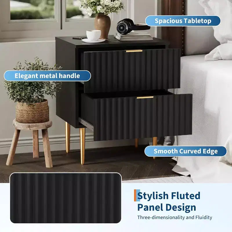 COZONY Comodino Moderno con Scanalature e Stazione di Ricarica, Tavolino da Notte a 2 Cassetti con Porte USB per Camera da Letto e Appartamento