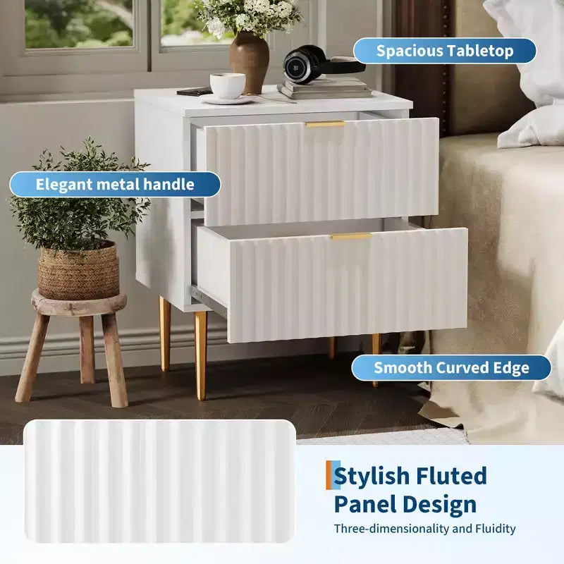 COZONY Comodino Moderno con Scanalature e Stazione di Ricarica, Tavolino da Notte a 2 Cassetti con Porte USB per Camera da Letto e Appartamento