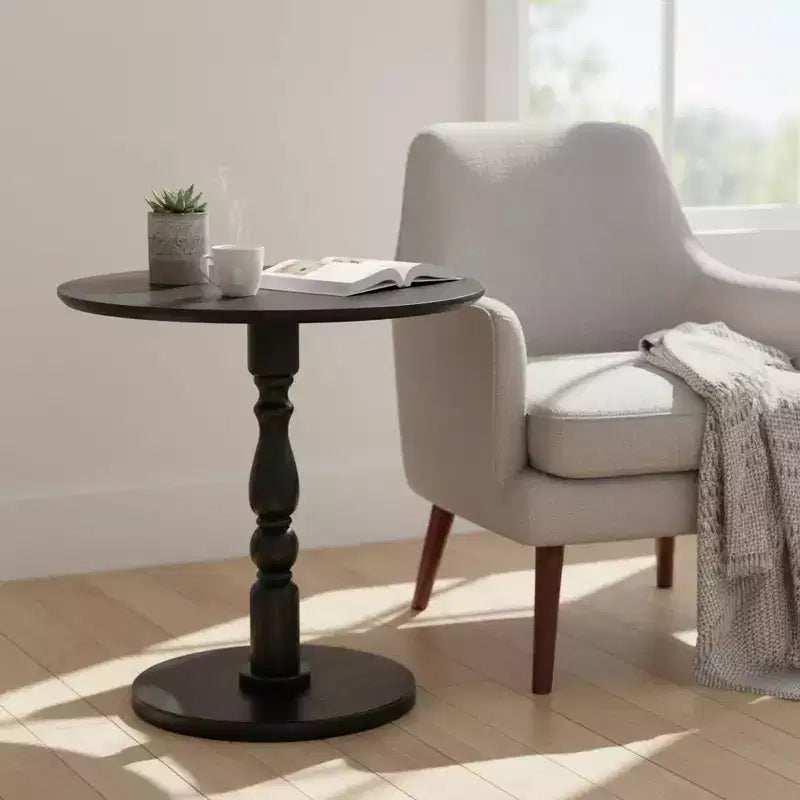 Homy Casa 23 Tavolino d'appoggio rotondo con base a piedistallo tornita, piano in MDF, tavolino per soggiorno o camera da letto, nero