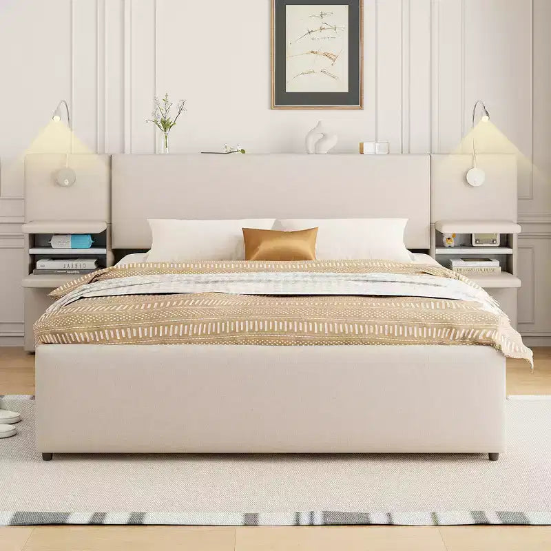 Letto matrimoniale imbottito con luci di lettura e mensole, struttura in legno di lino con cassetti portaoggetti e mensole