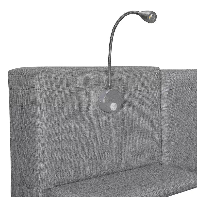 Letto matrimoniale imbottito con luci di lettura e mensole, struttura in legno di lino con cassetti portaoggetti e mensole