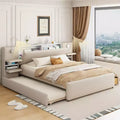 Queen Size Upholstered Platform Bed with Reading Lights and Shelves, Linen Queen Wooden Bed Frame with Storage Drawers and Shelves
