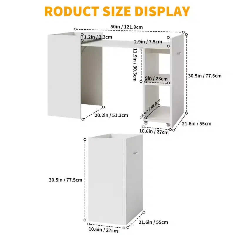 Scrivania Pieghevole per Computer da 50" con Scaffale, Tavolo Estensibile per Ufficio Domestico con Ruote, Scrivania da Studio per Lavoro, Studio con Ripiani Portaoggetti Senza Schienale
