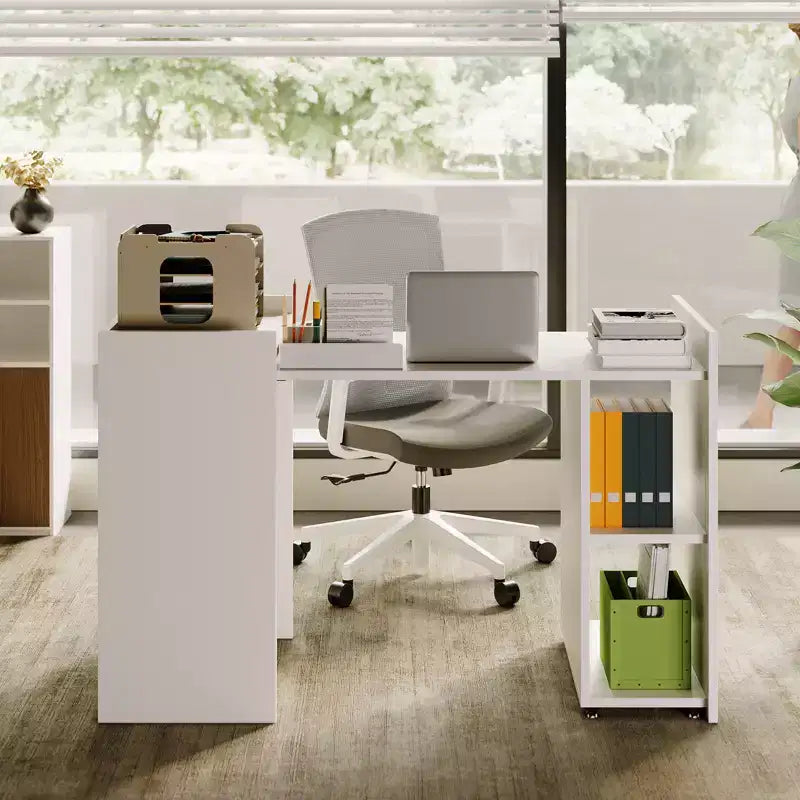 Scrivania Pieghevole per Computer da 50" con Scaffale, Tavolo Estensibile per Ufficio Domestico con Ruote, Scrivania da Studio per Lavoro, Studio con Ripiani Portaoggetti Senza Schienale