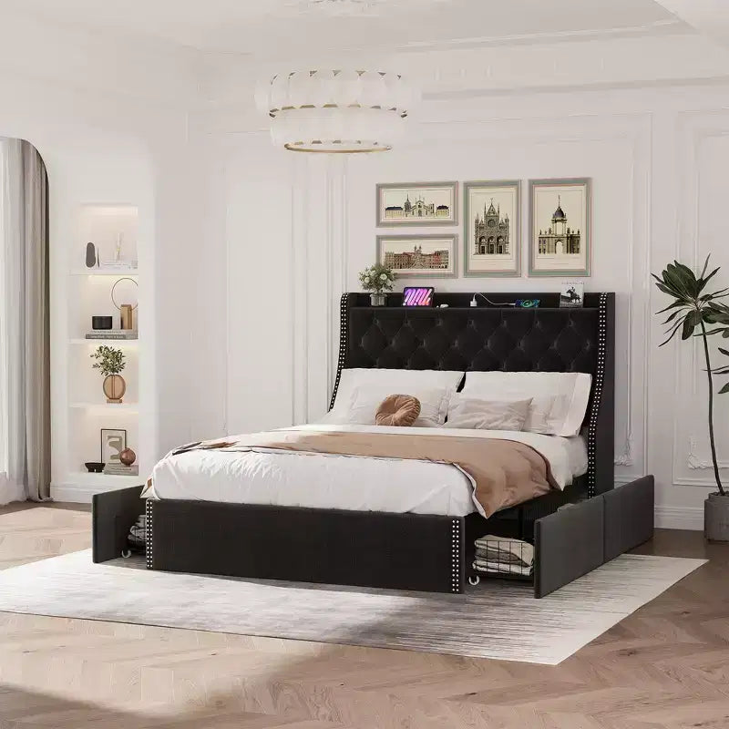 Upholstered Bed Frame with 4 Storage Drawers, Diamond Stitched Button Tufted Design, Wingback Headboard, No Box Spring Required