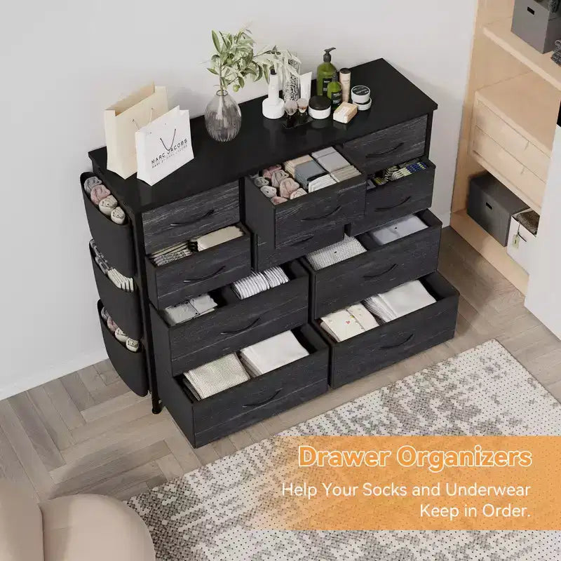 Cassettiera in tessuto a 10 cassetti e mobile TV - Torre portaoggetti con struttura in acciaio, piano in legno per camera da letto, soggiorno, ingresso