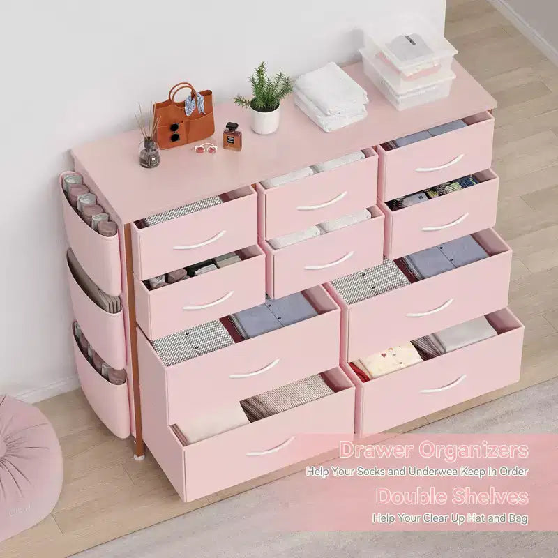 Cassettiera in tessuto a 10 cassetti e mobile TV - Torre portaoggetti con struttura in acciaio, piano in legno per camera da letto, soggiorno, ingresso