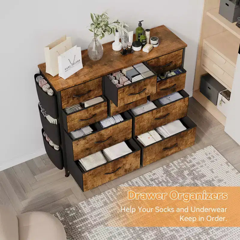 Cassettiera in tessuto a 10 cassetti e mobile TV - Torre portaoggetti con struttura in acciaio, piano in legno per camera da letto, soggiorno, ingresso