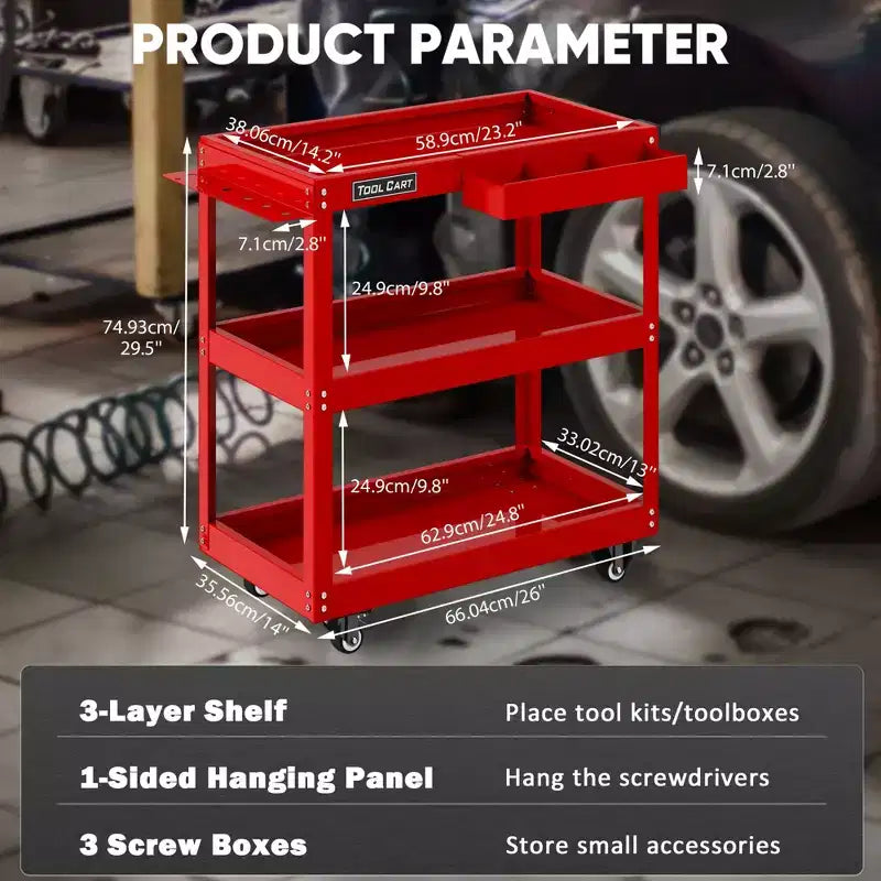 Carrello portautensili rotante a 3 ripiani LDHTHOPI, completamente in metallo, industriale, commerciale, con cassetto, rosso